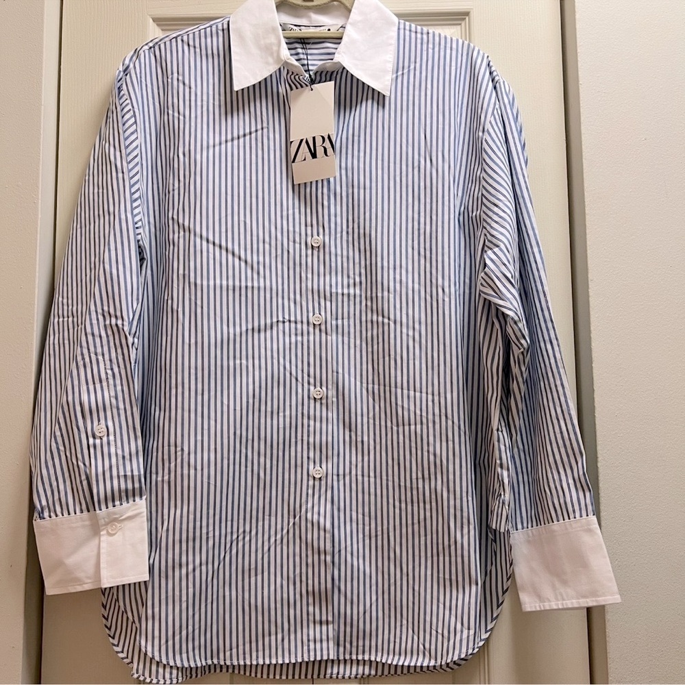 Zara Blue and White Dress Shirt with Elegant Stripes